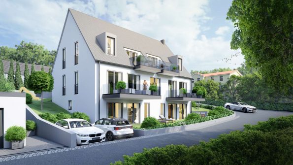 3D Visualisierung Architektur - Mehrfamilienhaus Bayern mit Garten und Parkplätzen