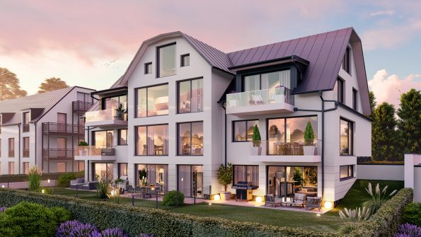 Das Neubau-Mehrfamilienhaus in der Nähe von München bietet den neuen Eigentümern neben geräumigen Gärten und Terrassen, moderne und klare Wohnräume. Die großen Fenster lassen viel Licht in die gemütlichen Wohn- und Schlafzimmer. Wir visualisierten dieses schicke Objekt auf Basis von Ansichten, Grundrissen und Schnitten.