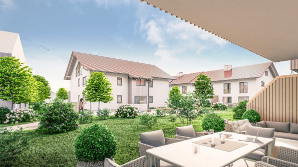 3D Visualisierung einer Wohnanlage bei Kaufbeuren, Bayern. Freundliche Außenansicht mit Garten, Terrasse und moderner Architektur. Ruhiges Wohnquartier mit Einfamilienhäusern und gepflegter Begrünung. Ideal für Familien. Perspektive von der Terrasse aus mit realistischem Tageslicht.